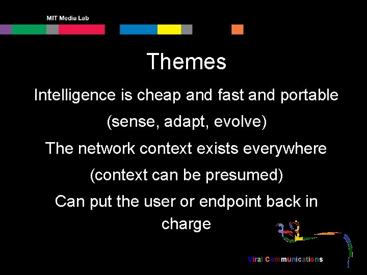 Themes Intelligence is cheap and fast and portable (sense, adapt, evolve) The network context