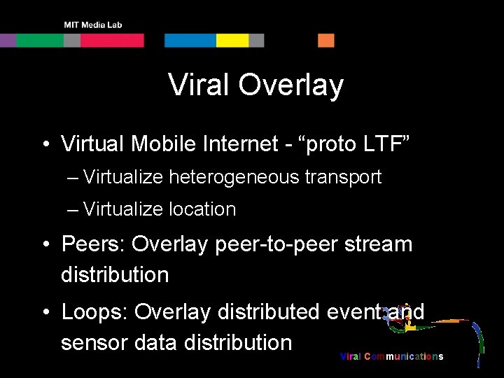 Viral Overlay • Virtual Mobile Internet - “proto LTF” – Virtualize heterogeneous transport –