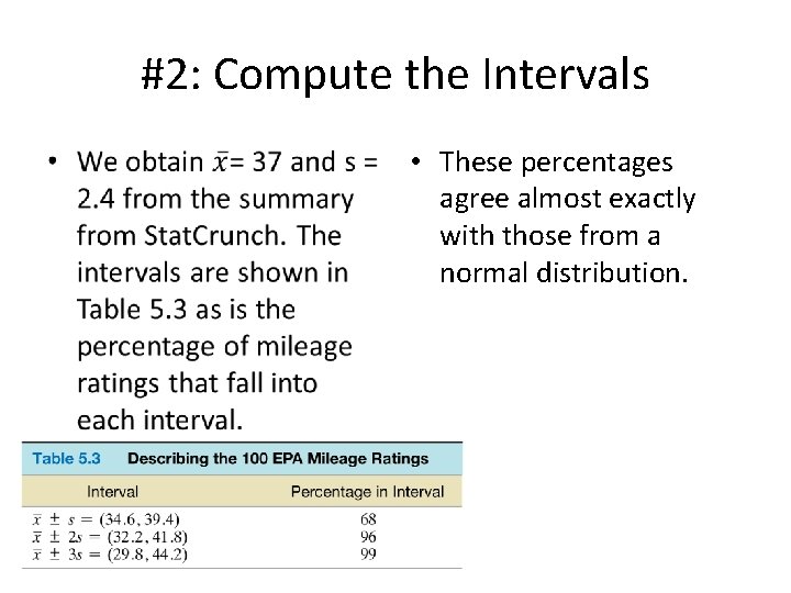 #2: Compute the Intervals • • These percentages agree almost exactly with those from #2: Compute the Intervals • • These percentages agree almost exactly with those from