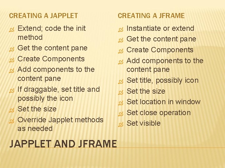 CREATING A JAPPLET Extend; code the init method Get the content pane Create Components