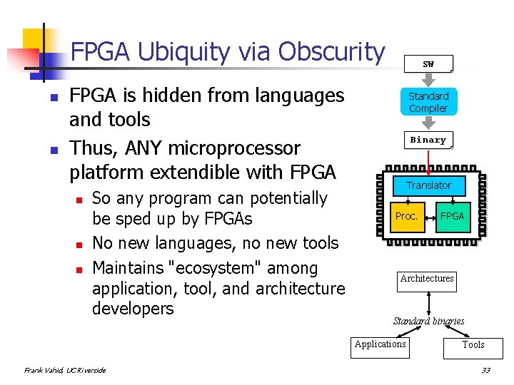 FPGA Ubiquity via Obscurity n n SW Binary FPGA is hidden from languages and