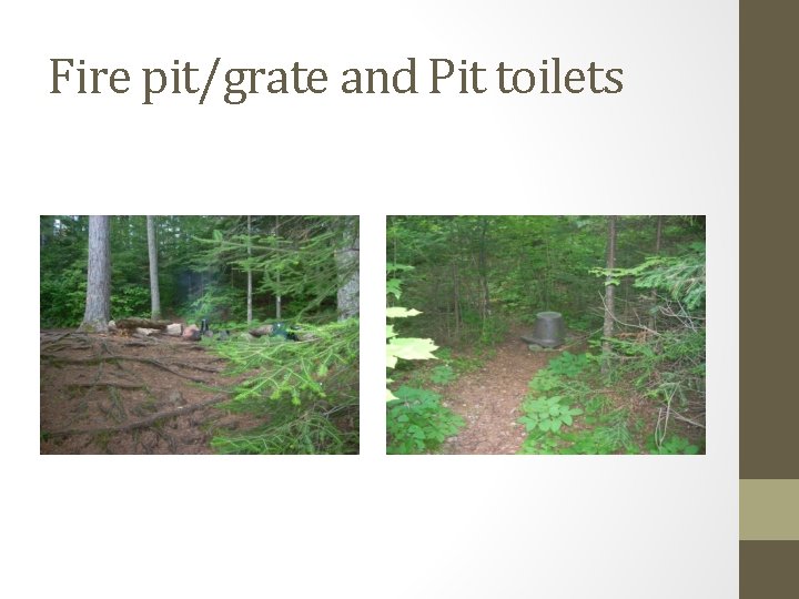 Fire pit/grate and Pit toilets 