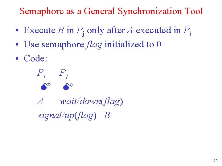 Semaphore as a General Synchronization Tool • Execute B in Pj only after A