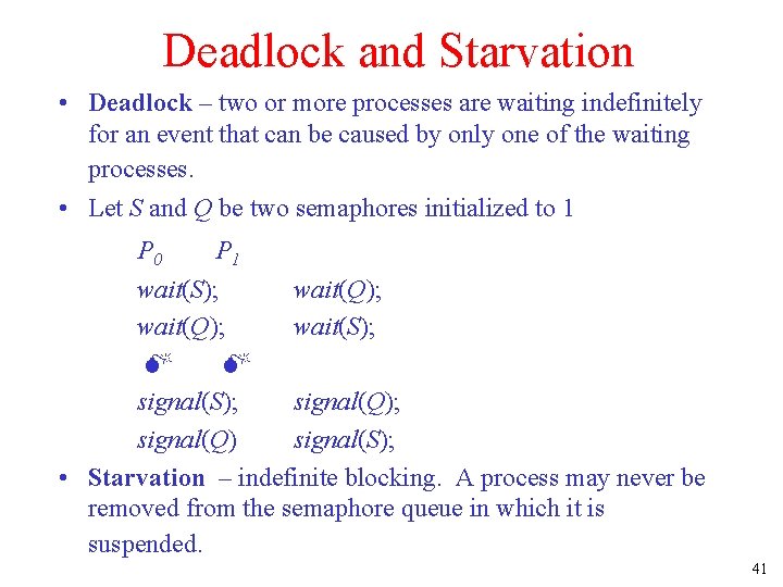 Deadlock and Starvation • Deadlock – two or more processes are waiting indefinitely for