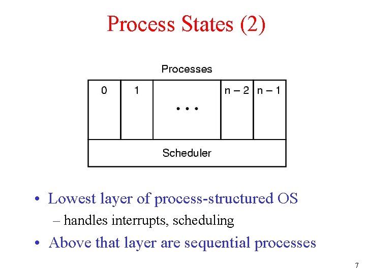 Process States (2) • Lowest layer of process-structured OS – handles interrupts, scheduling •