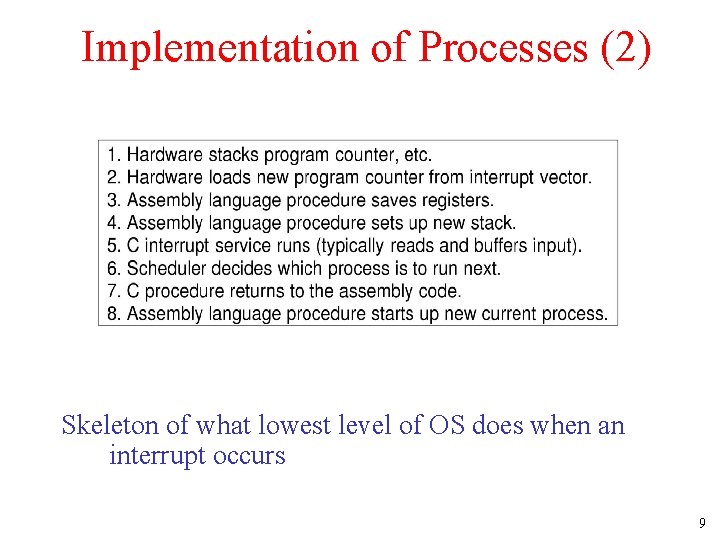 Implementation of Processes (2) Skeleton of what lowest level of OS does when an