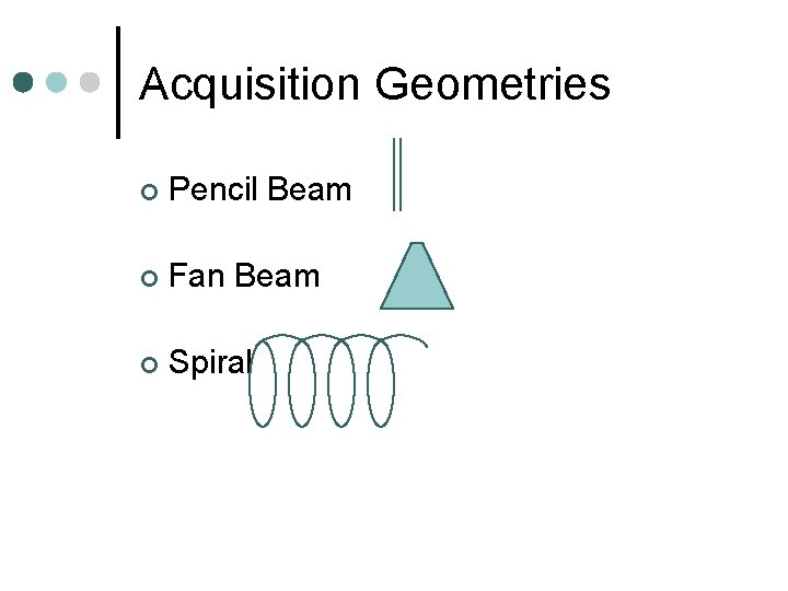 Acquisition Geometries ¢ Pencil Beam ¢ Fan Beam ¢ Spiral 