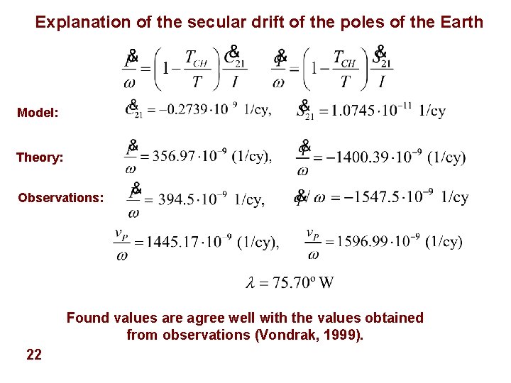 Explanation of the secular drift of the poles of the Earth Model: Theory: Observations: