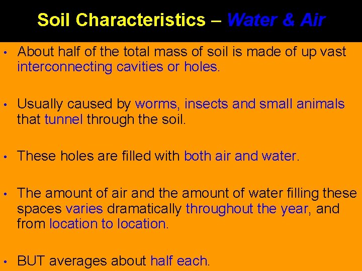 Soil Characteristics – Water & Air • About half of the total mass of