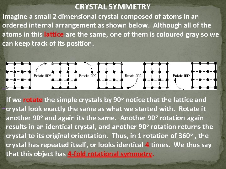 CRYSTAL SYMMETRY Imagine a small 2 dimensional crystal composed of atoms in an ordered