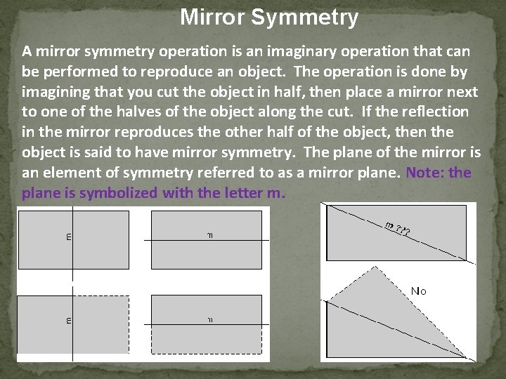 Mirror Symmetry A mirror symmetry operation is an imaginary operation that can be performed