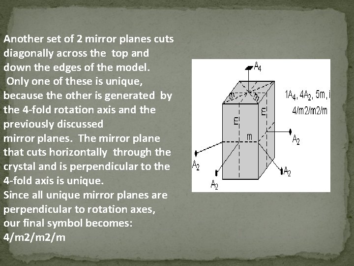 Another set of 2 mirror planes cuts diagonally across the top and down the