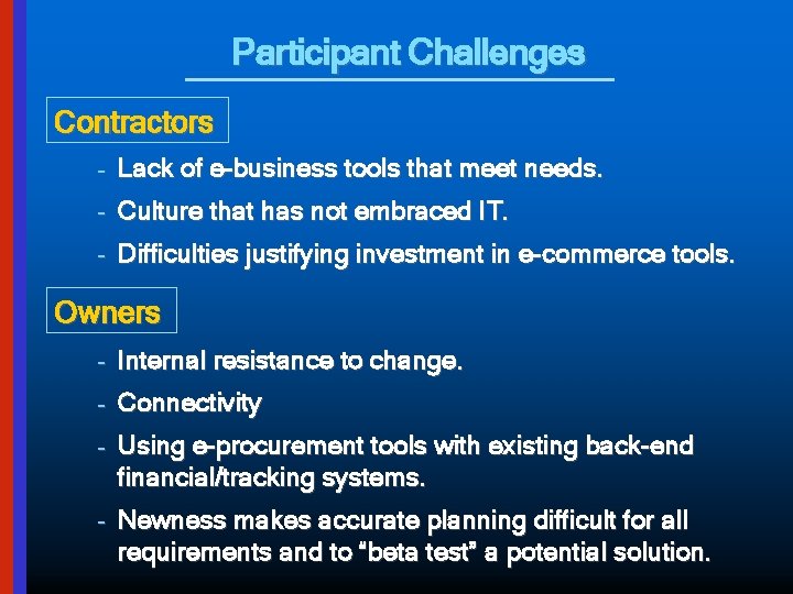 Participant Challenges Contractors – Lack of e-business tools that meet needs. – Culture that