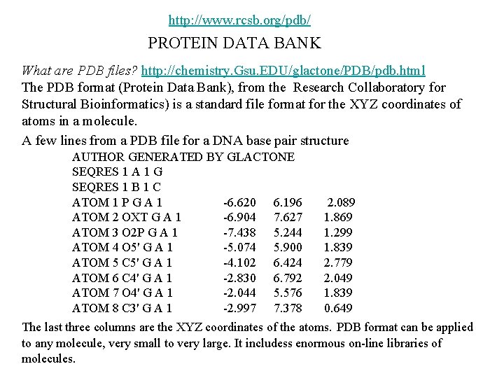 http: //www. rcsb. org/pdb/ PROTEIN DATA BANK What are PDB files? http: //chemistry. Gsu.