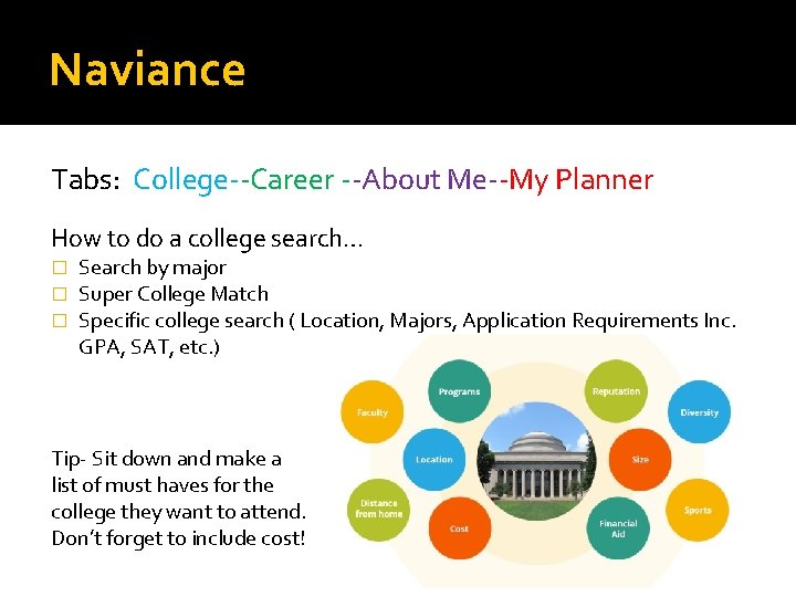 Naviance Tabs: College--Career --About Me--My Planner How to do a college search… � �