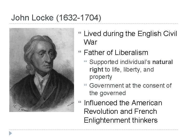 John Locke (1632 -1704) Lived during the English Civil War Father of Liberalism Supported