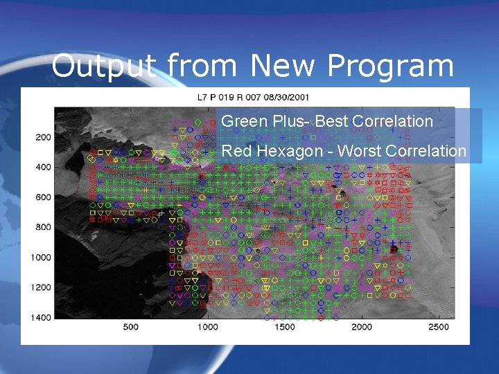 Output from New Program Green Plus- Best Correlation Red Hexagon - Worst Correlation Output from New Program Green Plus- Best Correlation Red Hexagon - Worst Correlation