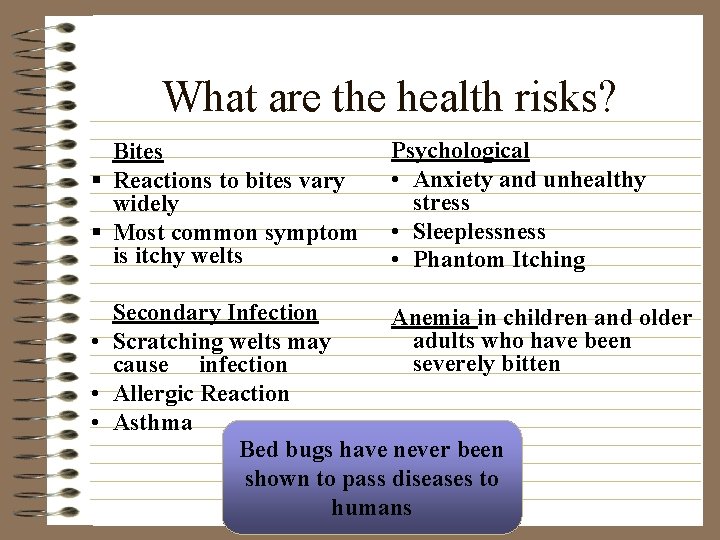 What are the health risks? Bites § Reactions to bites vary widely § Most