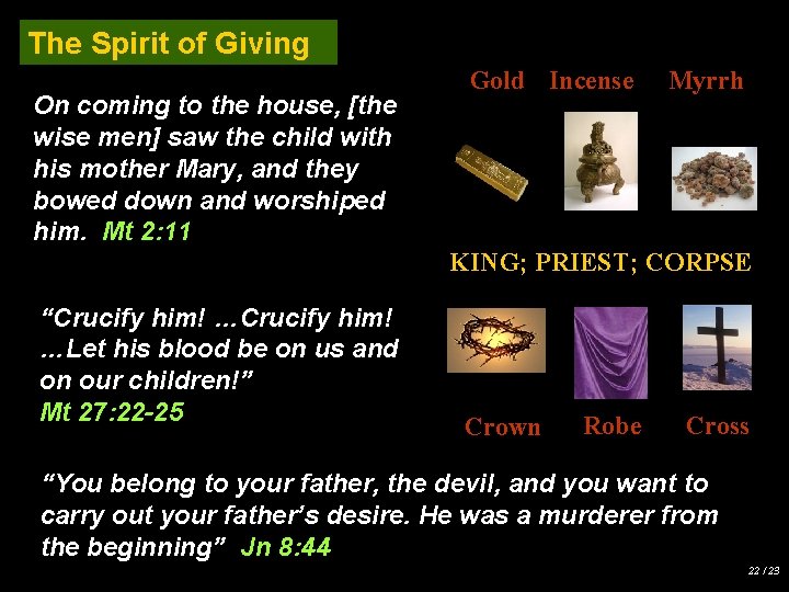 The Spirit of Giving On coming to the house, [the wise men] saw the