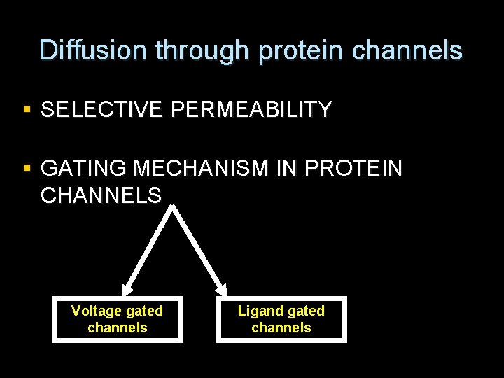 Diffusion through protein channels § SELECTIVE PERMEABILITY § GATING MECHANISM IN PROTEIN CHANNELS Voltage