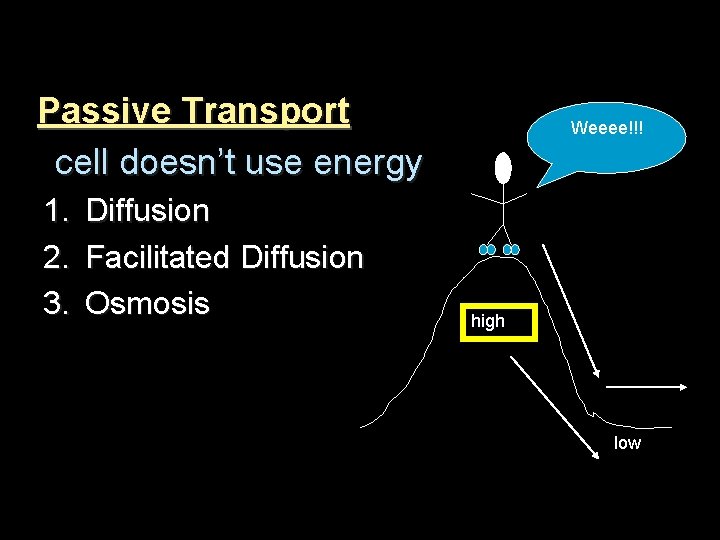 Passive Transport cell doesn’t use energy 1. 2. 3. Diffusion Facilitated Diffusion Osmosis Weeee!!!