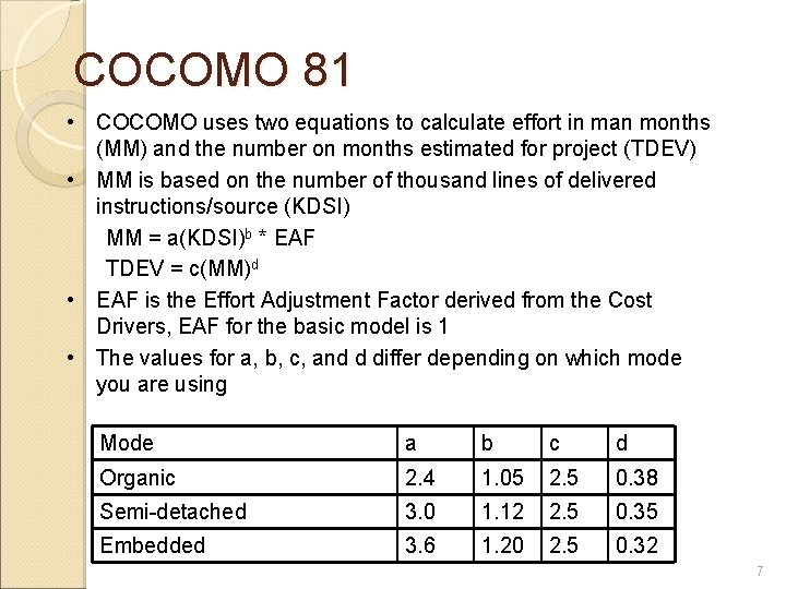 COCOMO 81 • COCOMO uses two equations to calculate effort in man months (MM)