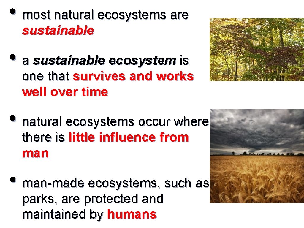  • most natural ecosystems are sustainable • a sustainable ecosystem is one that