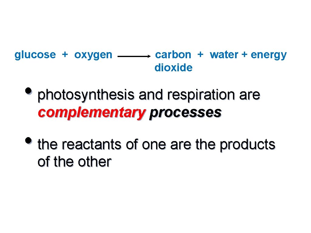 glucose + oxygen carbon + water + energy dioxide • photosynthesis and respiration are