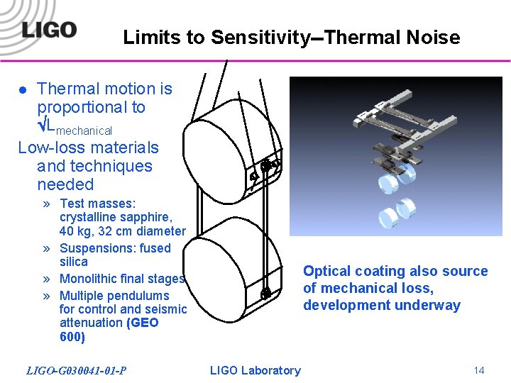Limits to Sensitivity--Thermal Noise Thermal motion is proportional to ÖLmechanical Low-loss materials and techniques