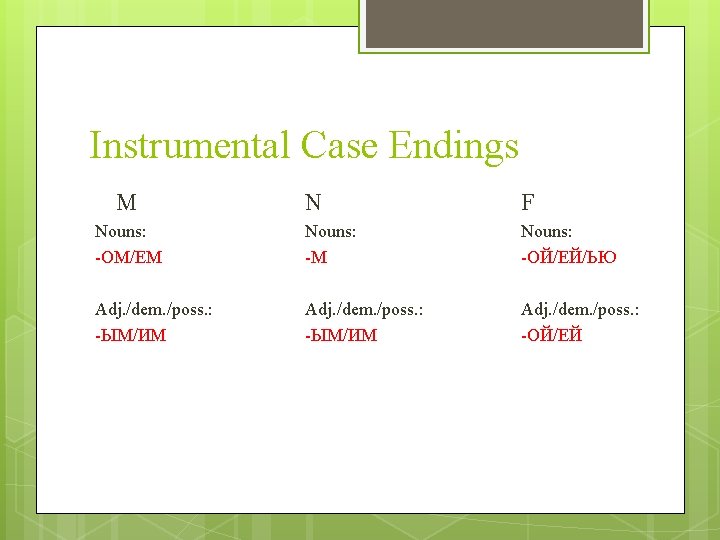 Instrumental Case Endings M N F Nouns: -ОМ/ЕМ Nouns: -ОЙ/ЕЙ/ЬЮ Adj. /dem. /poss. :