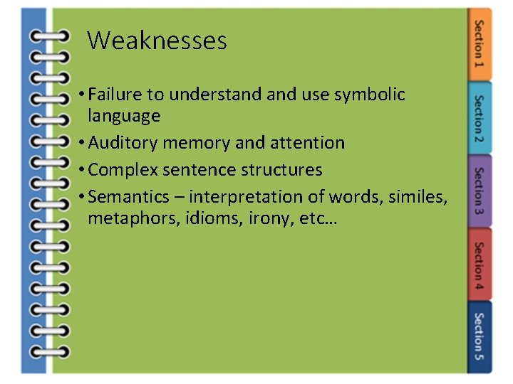 Weaknesses • Failure to understand use symbolic language • Auditory memory and attention •