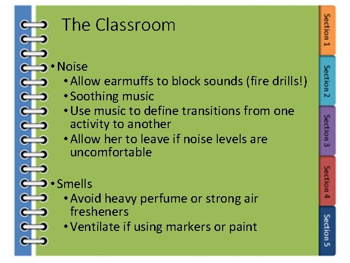 The Classroom • Noise • Allow earmuffs to block sounds (fire drills!) • Soothing