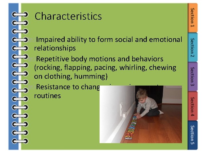 Characteristics Impaired ability to form social and emotional relationships Repetitive body motions and behaviors