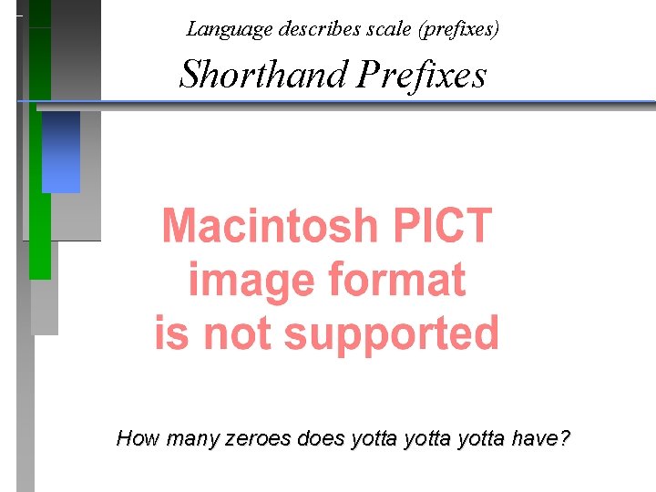 Language describes scale (prefixes) Shorthand Prefixes How many zeroes does yotta have? 