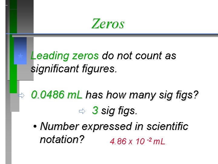 Zeros « Leading zeros do not count as significant figures. ð 0. 0486 m.