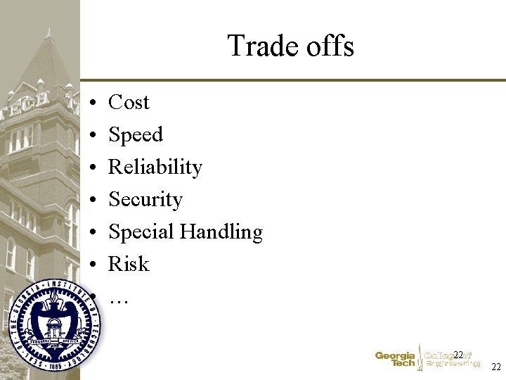 Trade offs • • Cost Speed Reliability Security Special Handling Risk … 22 22