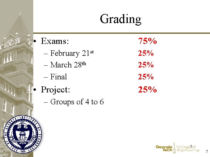 Grading • Exams: – February 21 st – March 28 th – Final •