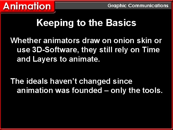 Keeping to the Basics Whether animators draw on onion skin or use 3 D-Software,