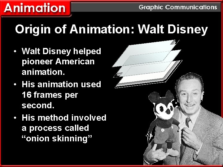 Origin of Animation: Walt Disney • Walt Disney helped pioneer American animation. • His