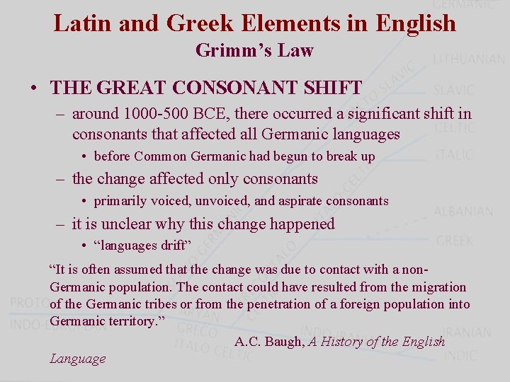 Latin and Greek Elements in English Grimm’s Law • THE GREAT CONSONANT SHIFT –