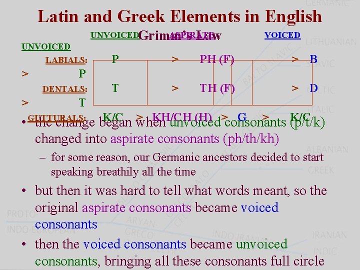 Latin and Greek Elements in English UNVOICEDGrimm’s ASPIRATE Law UNVOICED LABIALS: > PH (F)