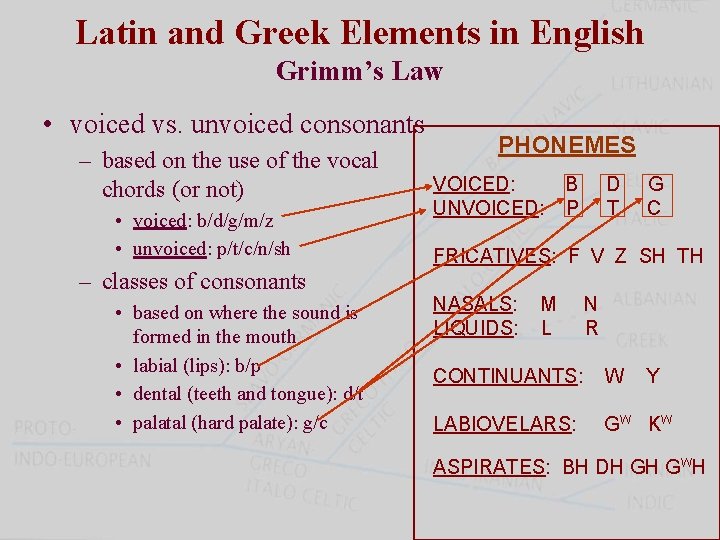 Latin and Greek Elements in English Grimm’s Law • voiced vs. unvoiced consonants –