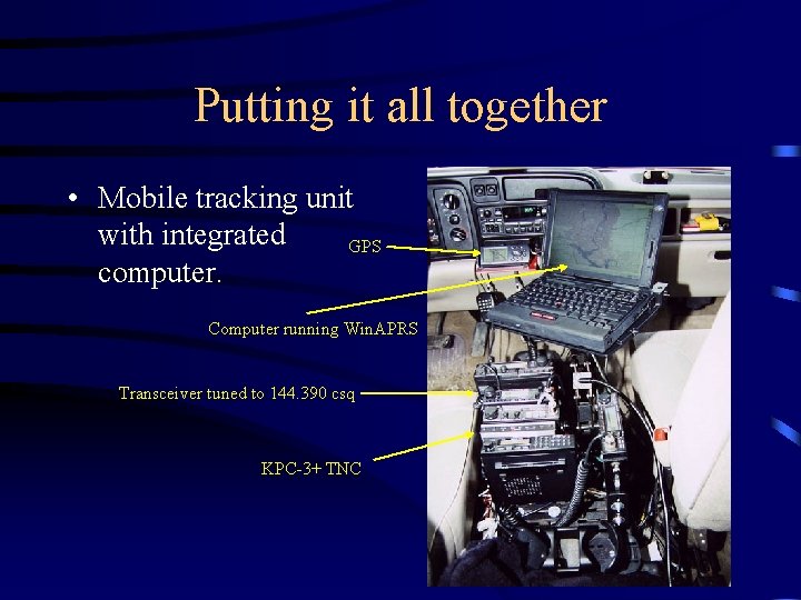 Putting it all together • Mobile tracking unit with integrated GPS computer. Computer running