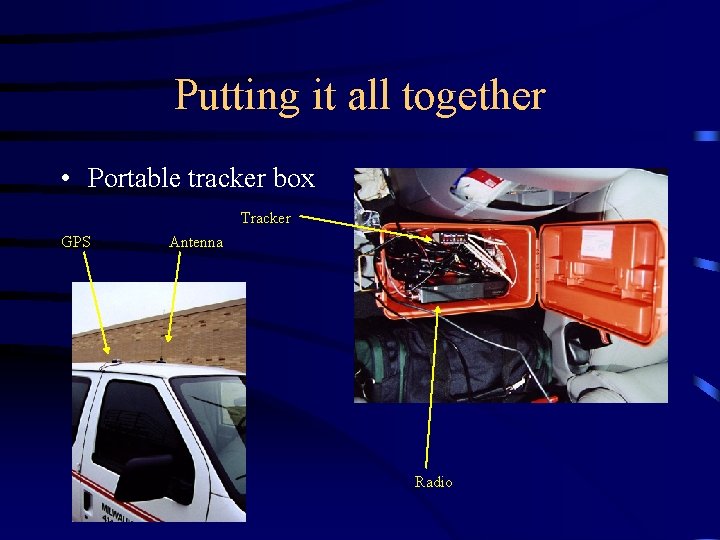 Putting it all together • Portable tracker box Tracker GPS Antenna Radio 