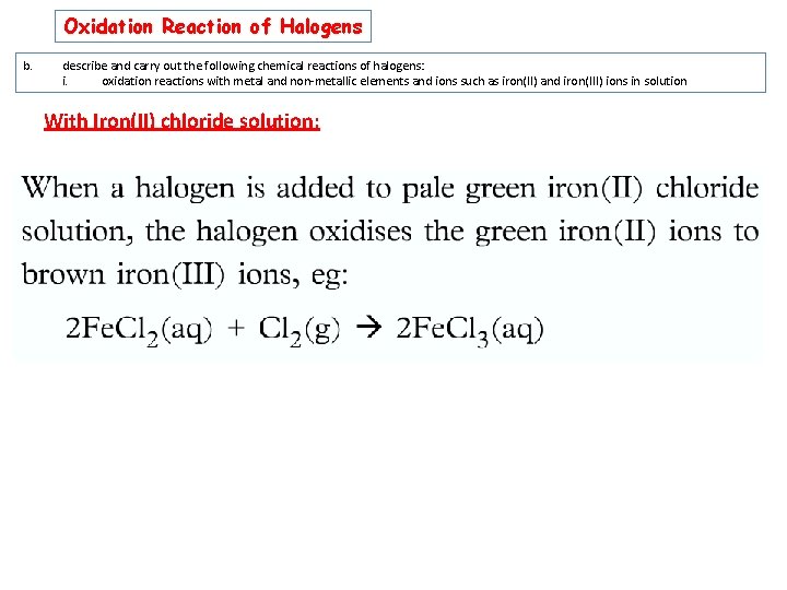 Oxidation Reaction of Halogens b. describe and carry out the following chemical reactions of Oxidation Reaction of Halogens b. describe and carry out the following chemical reactions of