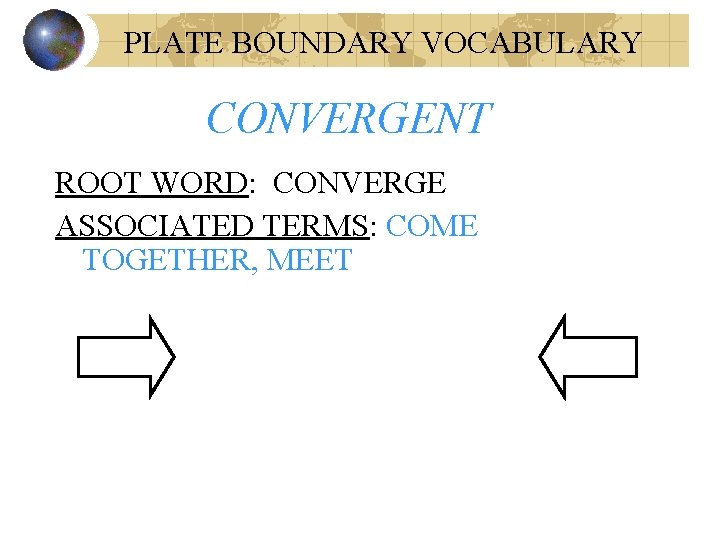 PLATE BOUNDARY VOCABULARY CONVERGENT ROOT WORD: CONVERGE ASSOCIATED TERMS: COME TOGETHER, MEET 