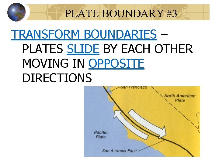 PLATE BOUNDARY #3 TRANSFORM BOUNDARIES – PLATES SLIDE BY EACH OTHER MOVING IN OPPOSITE