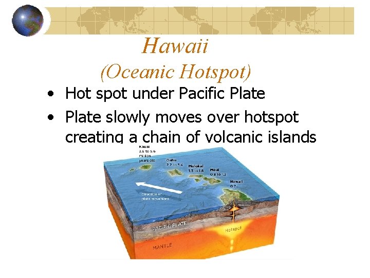 Hawaii (Oceanic Hotspot) • Hot spot under Pacific Plate • Plate slowly moves over