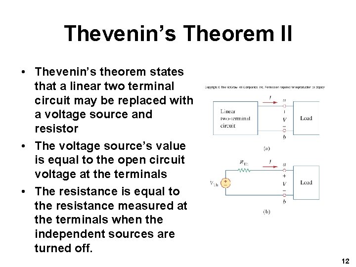 Thevenin’s Theorem II • Thevenin’s theorem states that a linear two terminal circuit may