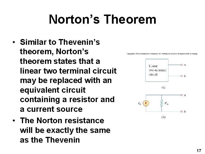 Norton’s Theorem • Similar to Thevenin’s theorem, Norton’s theorem states that a linear two